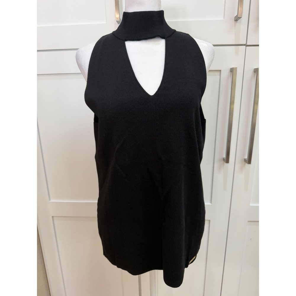 Michael Kors Black Mock Neck Cutout Sleeveless Knit Top Gold Logo Size L